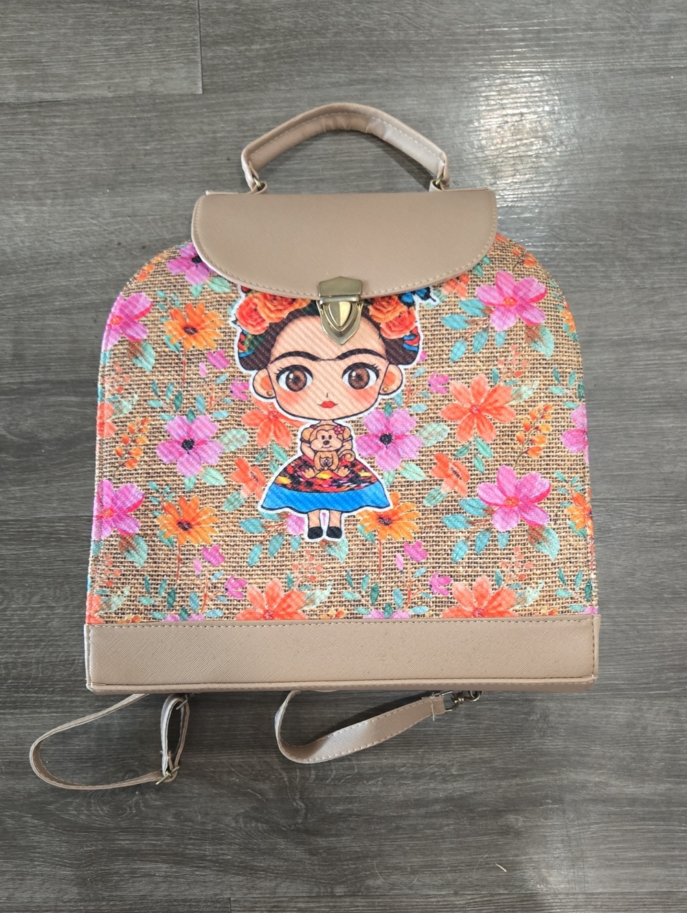 Beige Floral Frida Kahlo Print Women’s Backpack